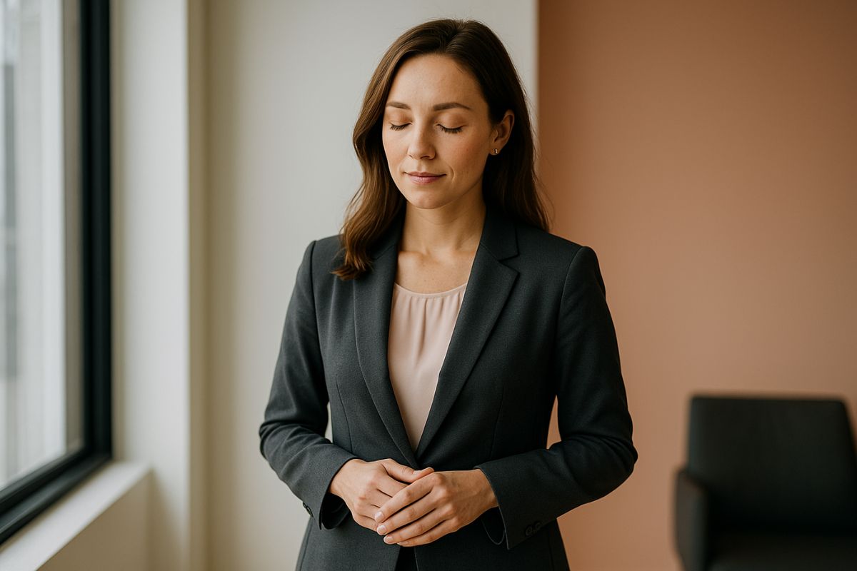 Frau in Businesskleidung blickt nachdenklich aus einem hellen Bürofenster – Symbol für stille Erschöpfung in der Führung
