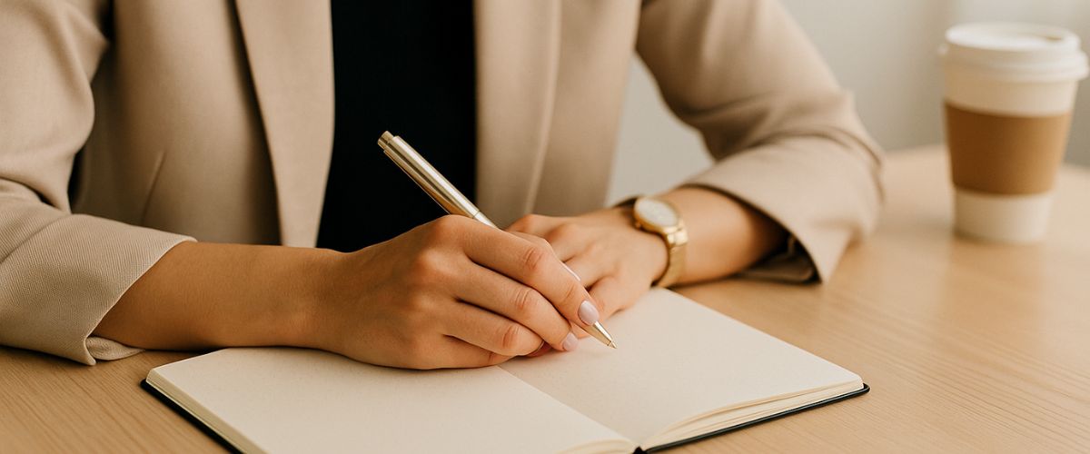 Hände einer Frau im Business-Outfit, schreibend in einem Notizbuch – Detailaufnahme für Achtsamkeit & Selbstführung